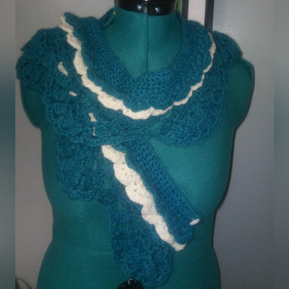 Crochet Multi-Wear Scarf/Wrap/Vest/Accessory in Teal & White NEW